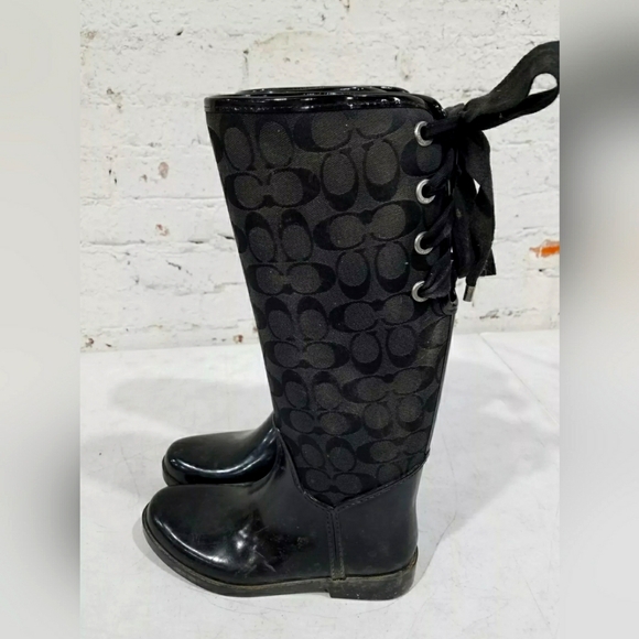 Coach Tristee Designer Signature Monogram Tall Black Rain Boots Q1524 Size 8B - Picture 2 of 6